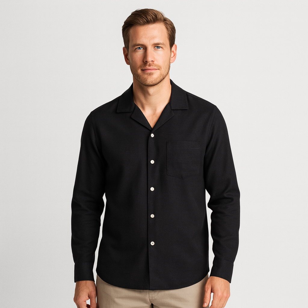 Noir | Men’s Linen Revere Collar Long-Sleeve Shirt