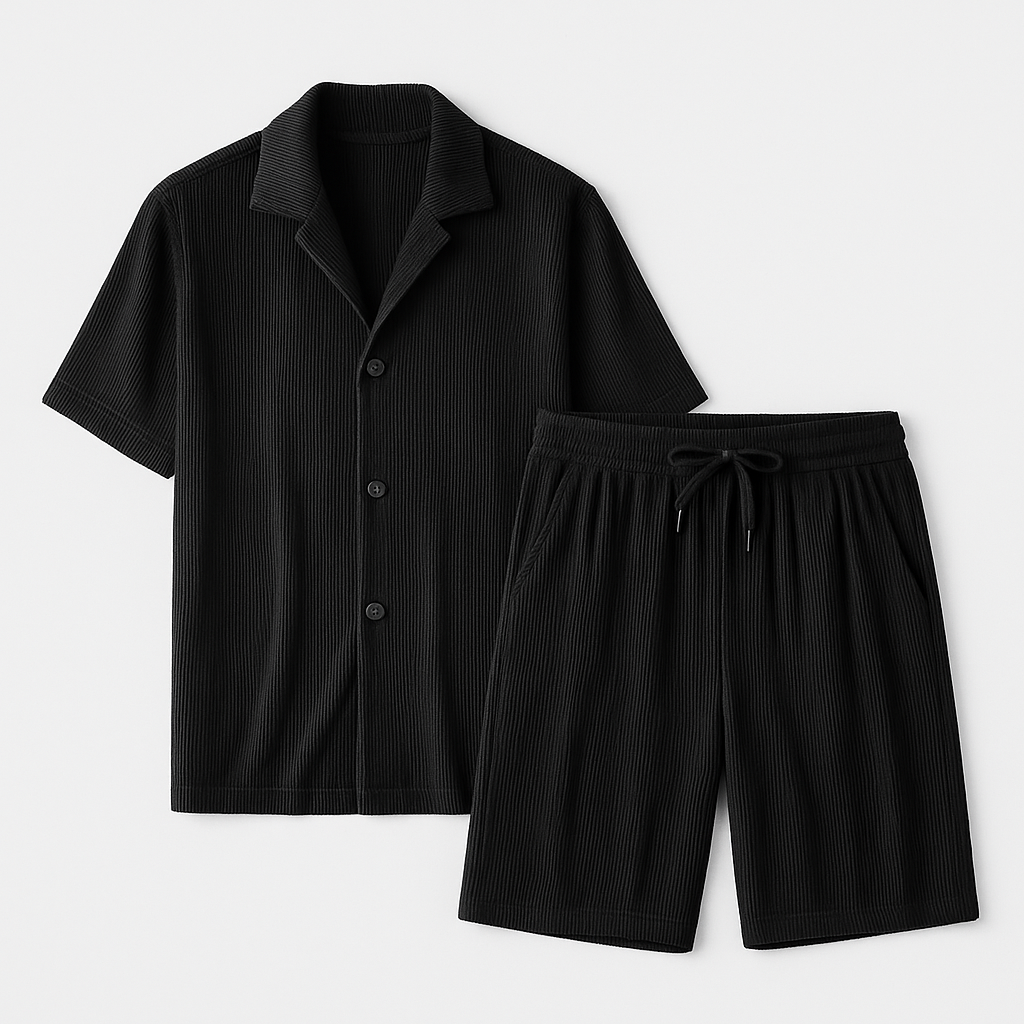Noir | Pleated Short Sleeved T-Shirt with Men's shorts - Summer Set in Corduroy