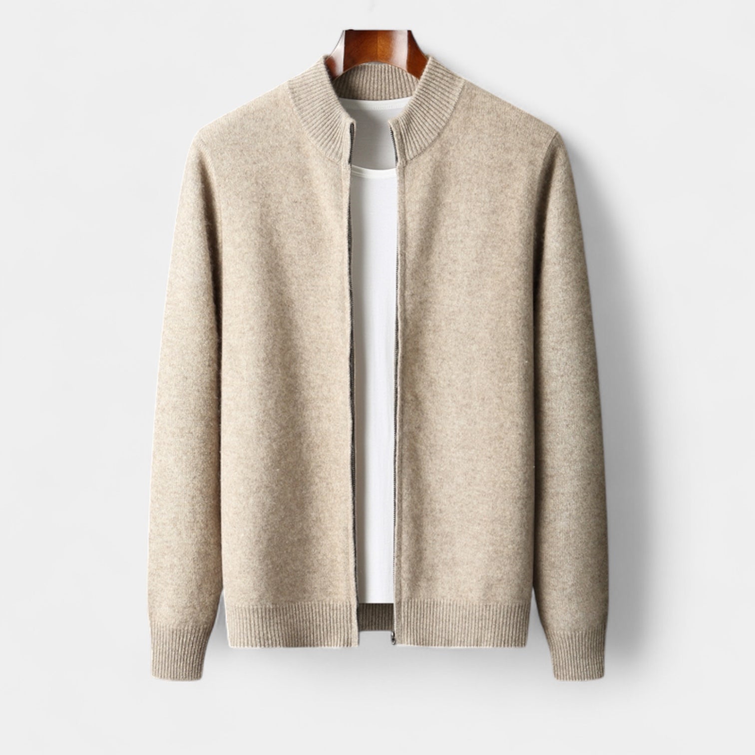 Noir | Men's Full-Zip Cashmere Cardigan - Mock Neck-Noir-Noir