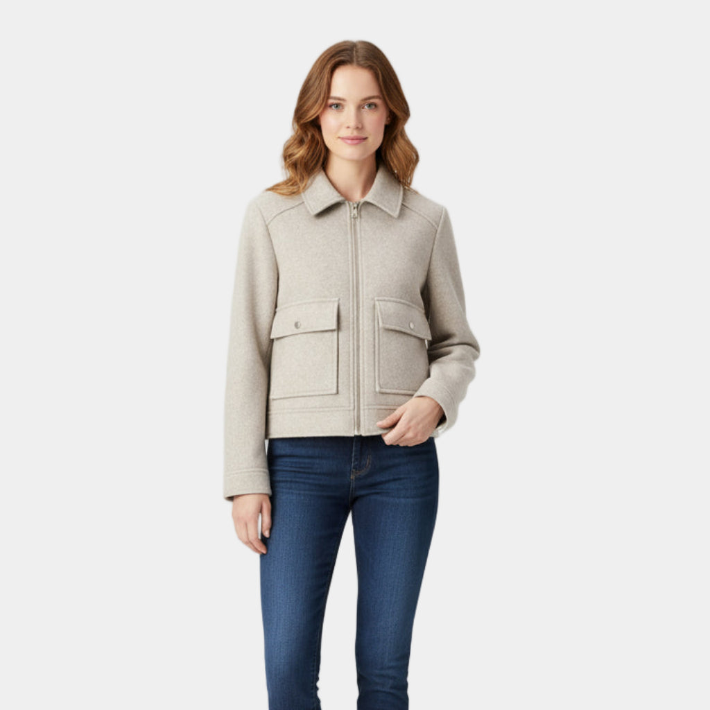 Women’s Wool-Blend Short Zip-Up Jacket - Shirt Collar