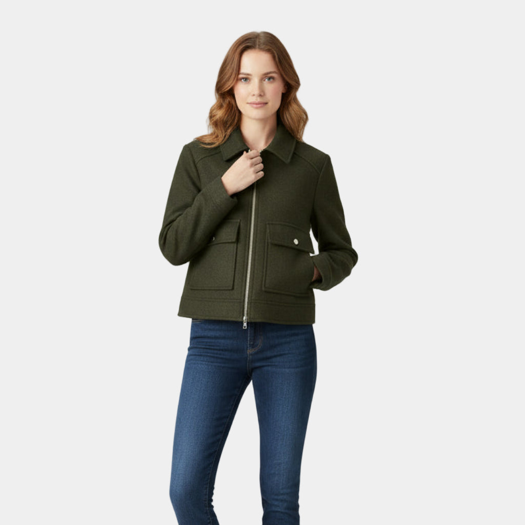 Women’s Wool-Blend Short Zip-Up Jacket - Shirt Collar