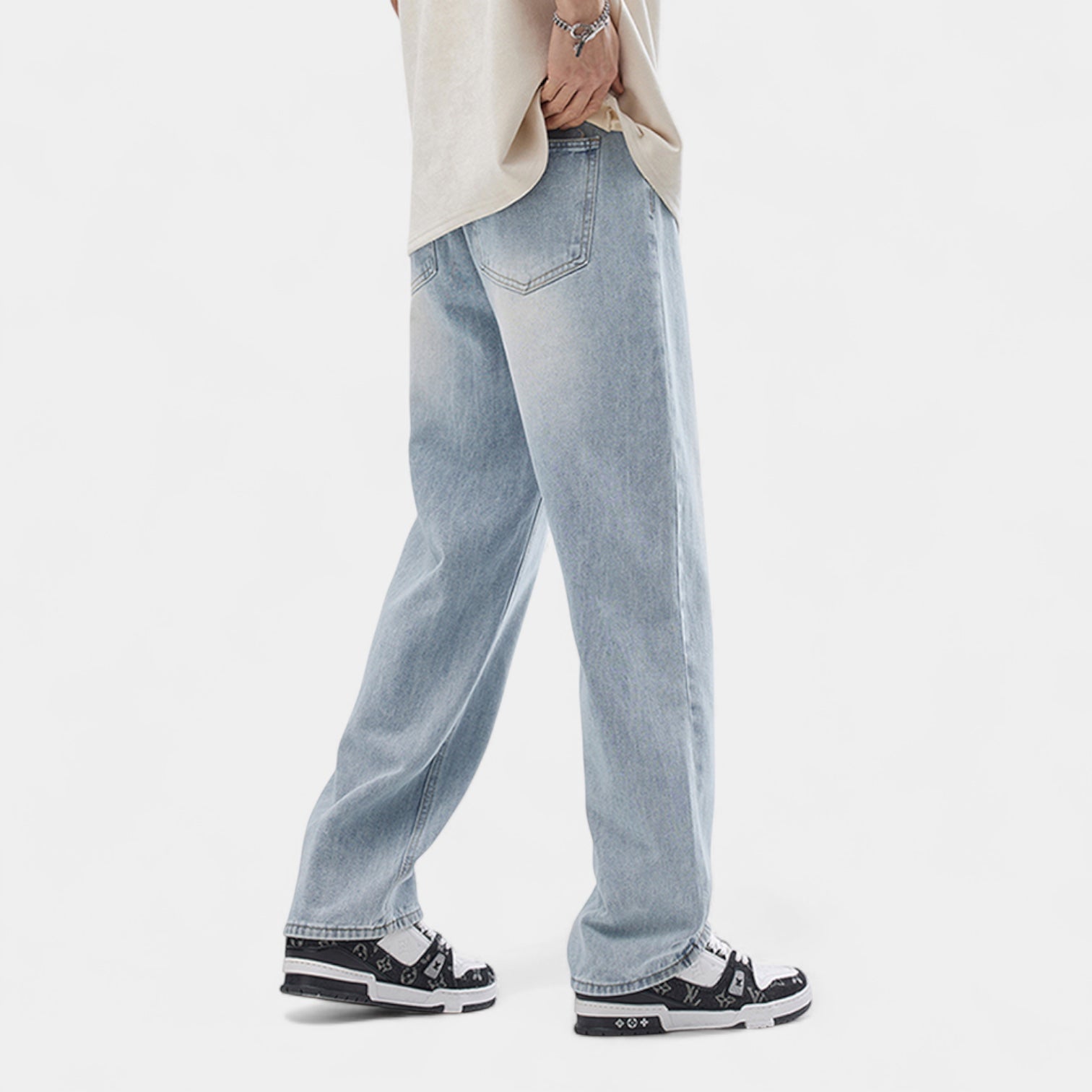 Straight-Leg Denim Pants with Elasticated Waistband-Noir-Noir