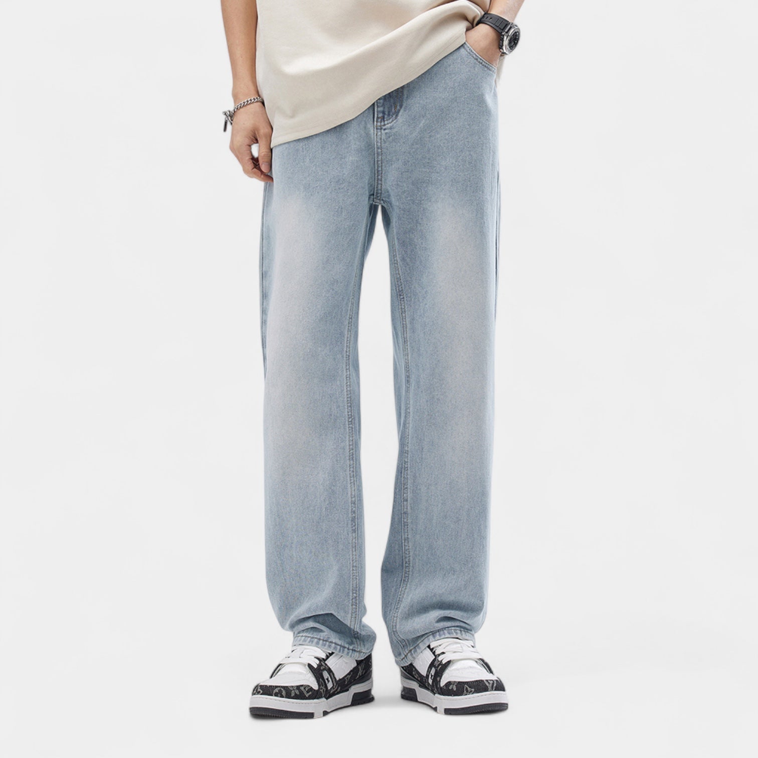 Straight-Leg Denim Pants with Elasticated Waistband-Noir-Washed Blue-S-Noir