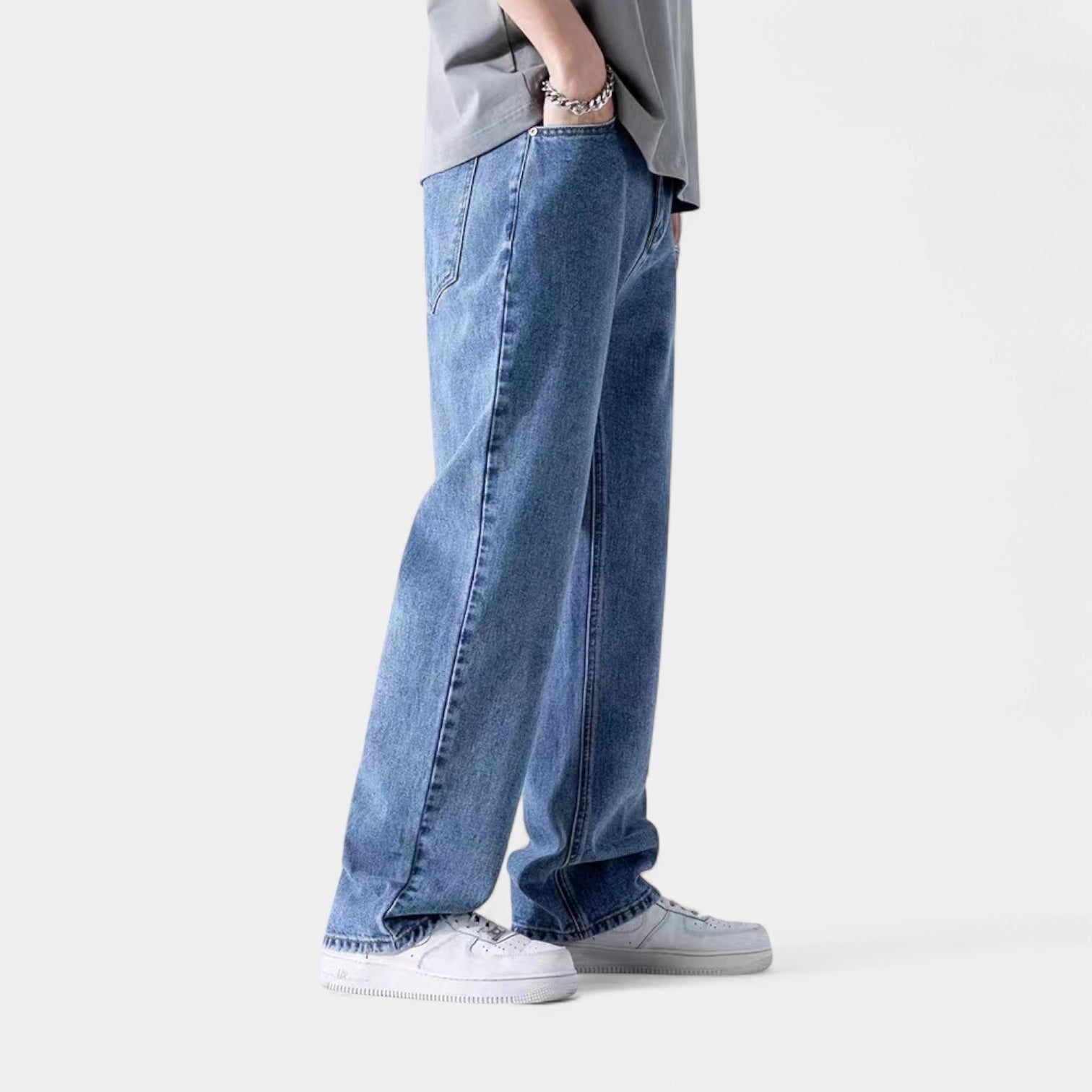 Straight-Leg Denim Pants with Elasticated Waistband-Noir-Denim Blue-S-Noir