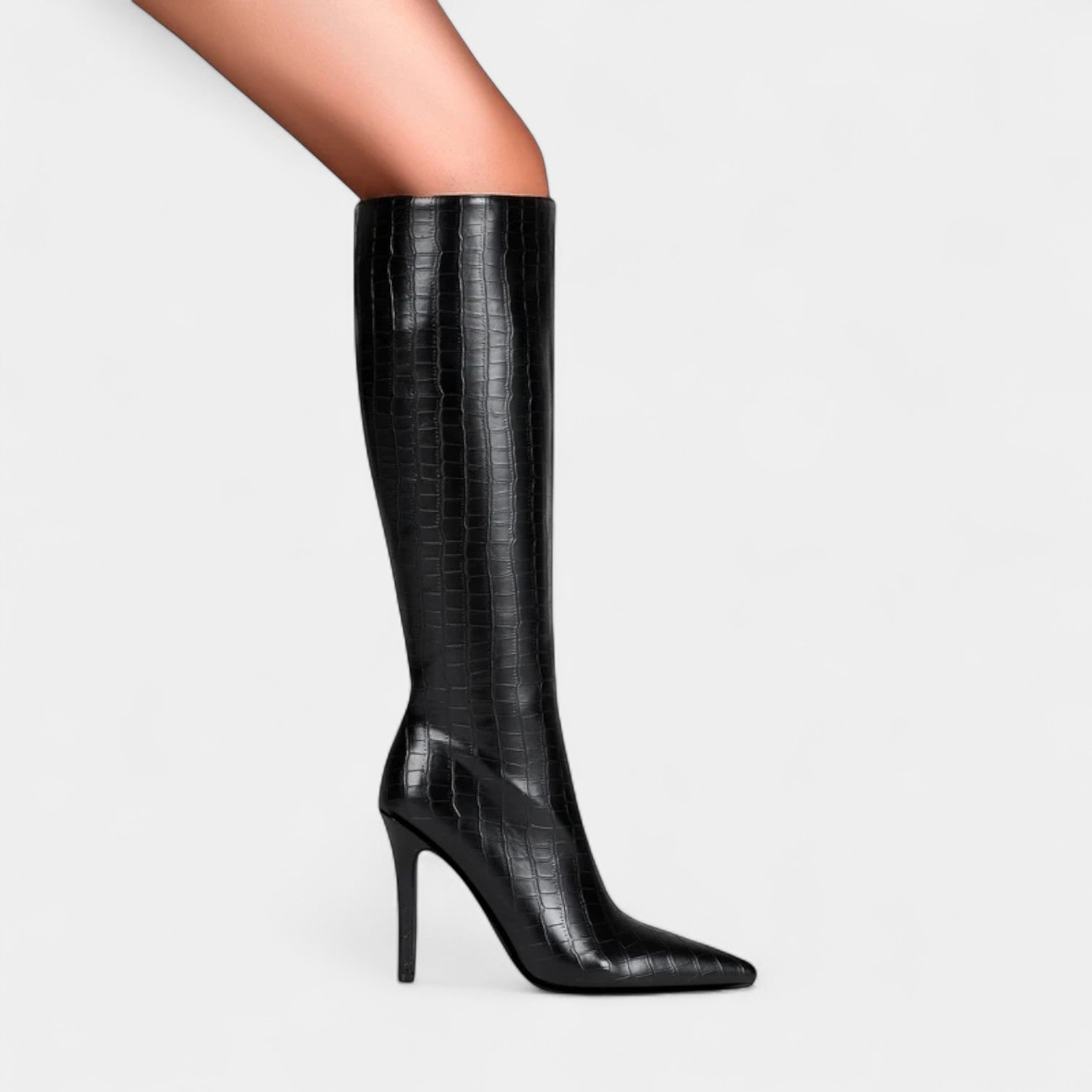 Noir | Vegan Leather Knee High Boots - High Heel