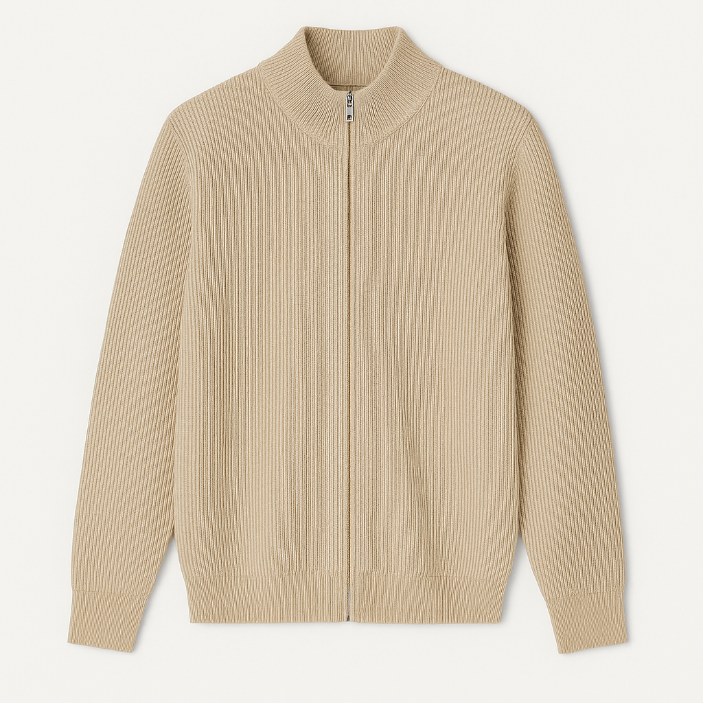 Noir | Ribbed Cashmere Zip Cardigan - Mock Jumper-Noir-Noir