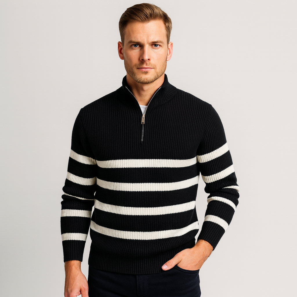 Noir | Men’s Quarter Zip Striped Jumper-Noir-Black-S-Noir