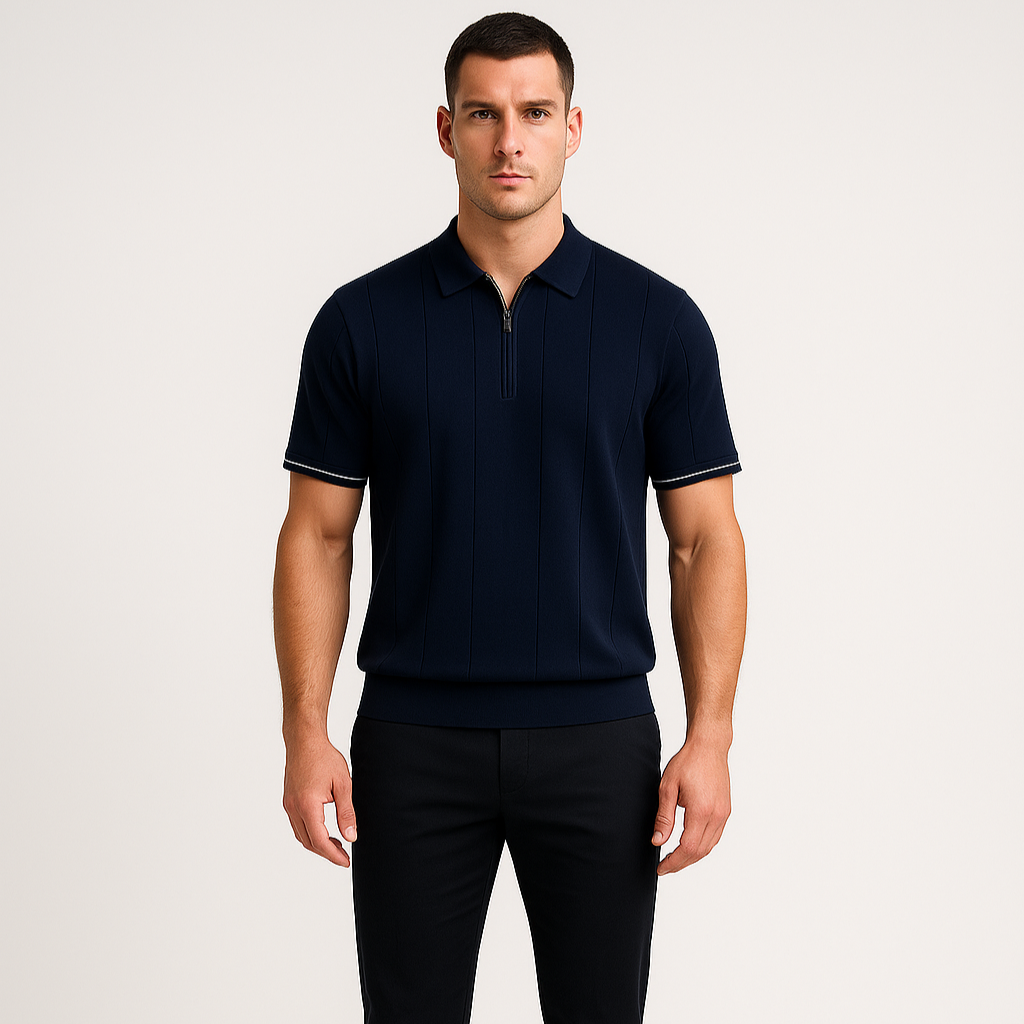 Noir | Men's Cotton Polo - Piqué T-shirt with Quarter Zip