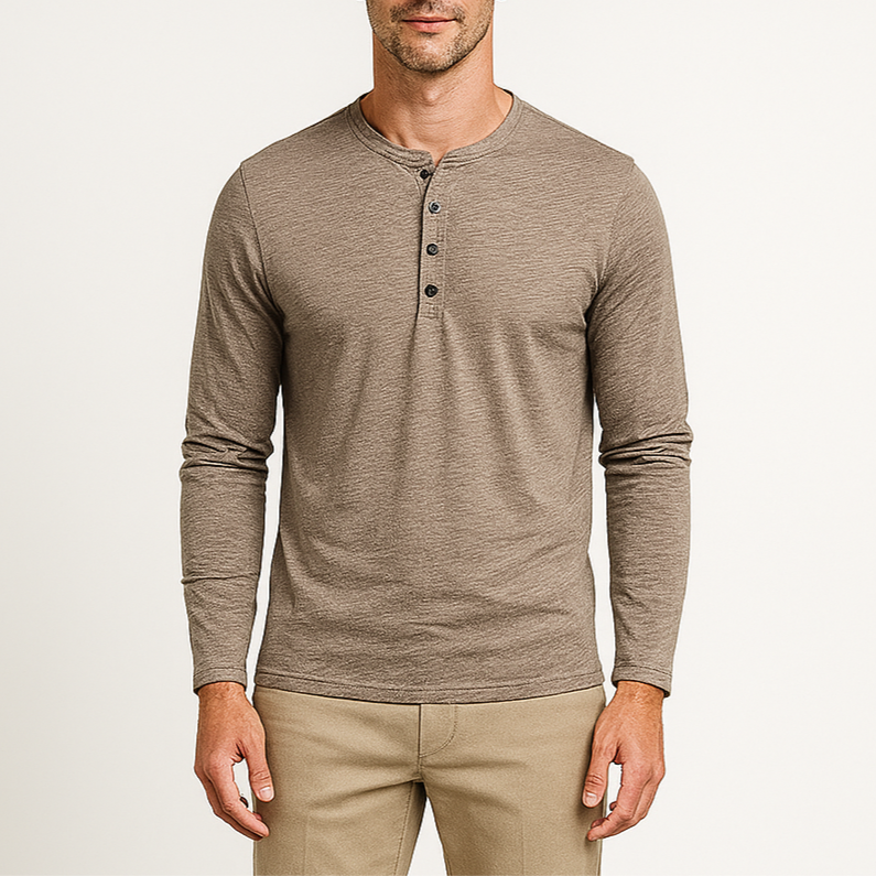 Noir | Long Sleeve Henley T-Shirt-Tops-Noir-Khaki-S-Noir