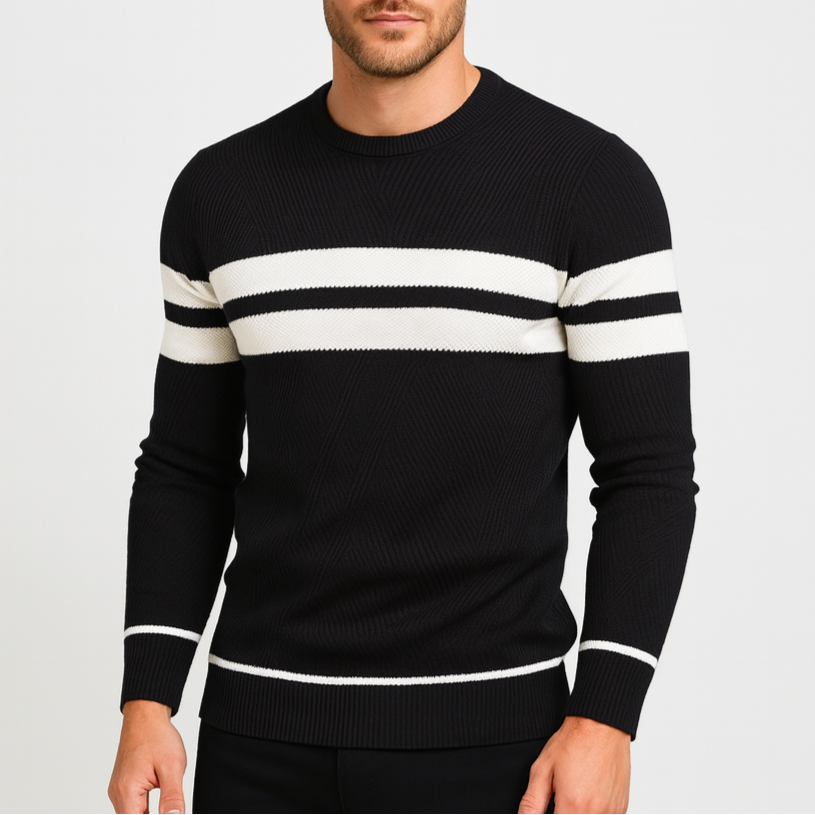 Noir | Men’s Striped Crew Neck Jumper-Noir-Black-S-Noir