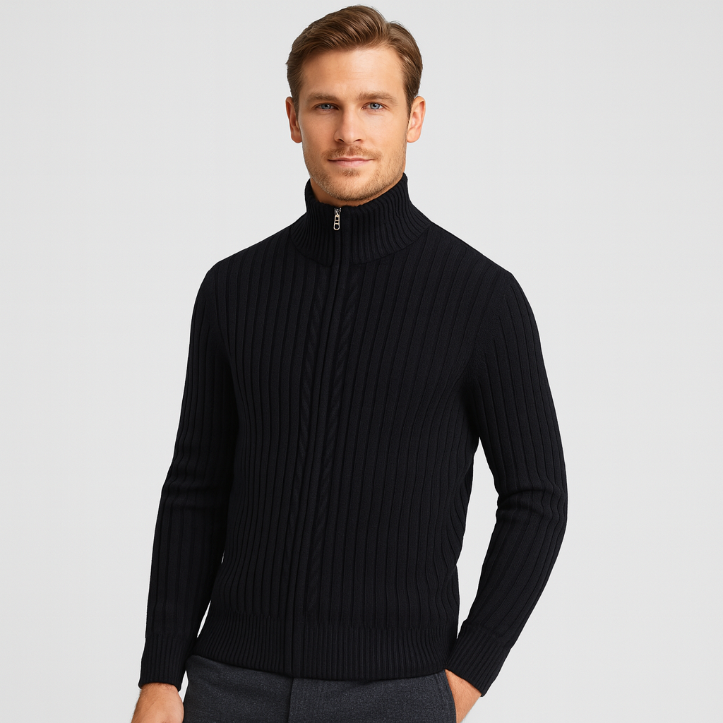 Noir | Men’s Ribbed Zip Jumper - Wool Jacket-Noir-Black-S-Noir