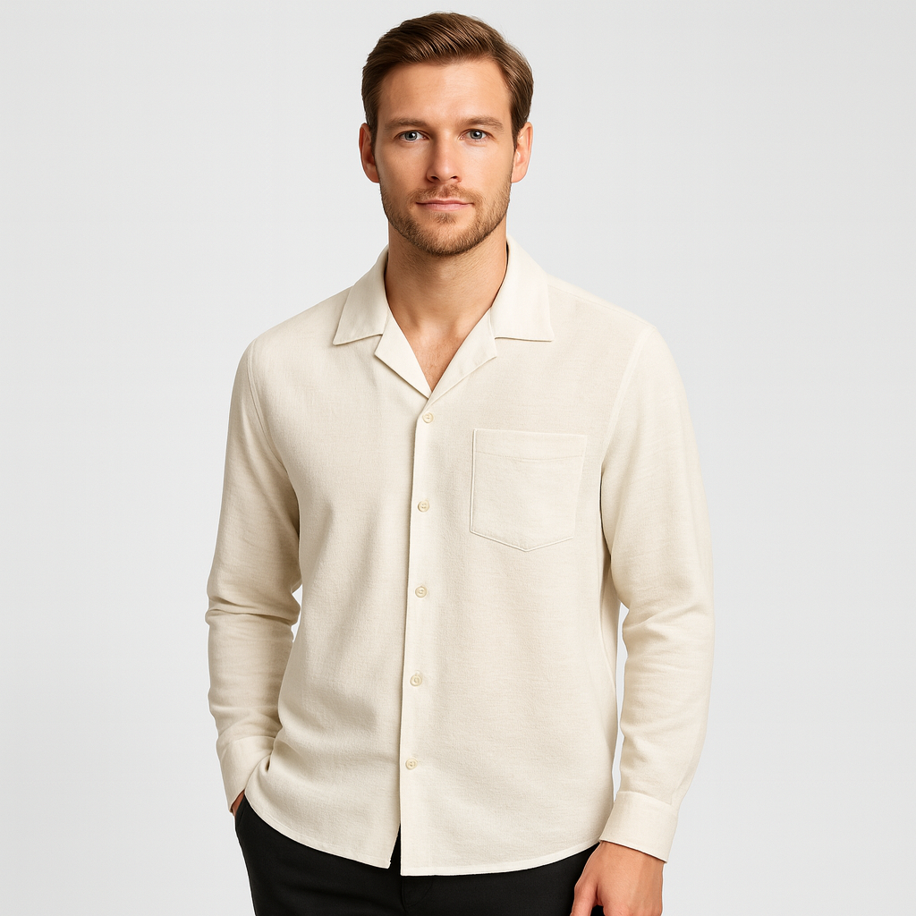 Noir | Men’s Linen Revere Collar Long-Sleeve Shirt-Noir-Beige-S-Noir