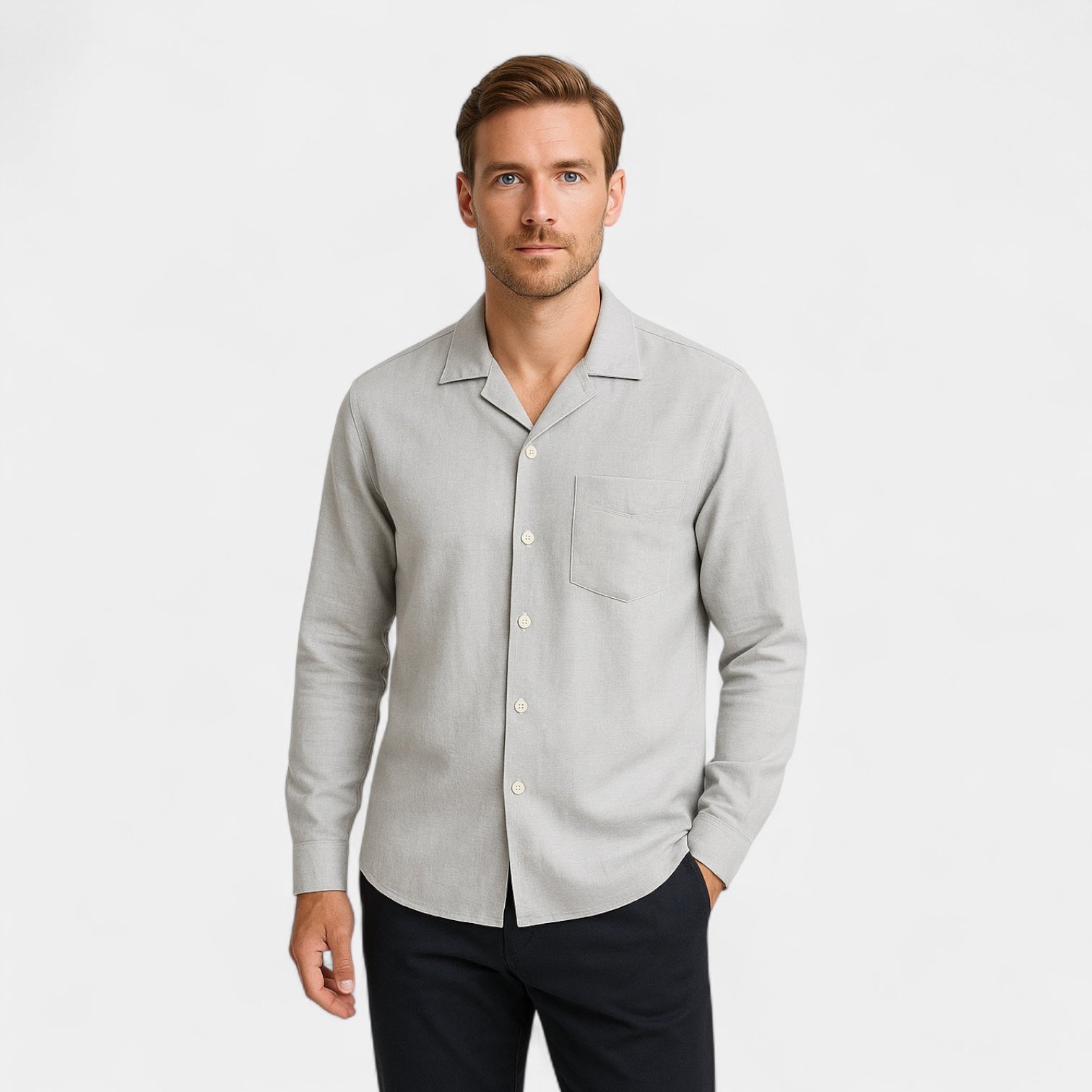 Noir | Men’s Linen Revere Collar Long-Sleeve Shirt