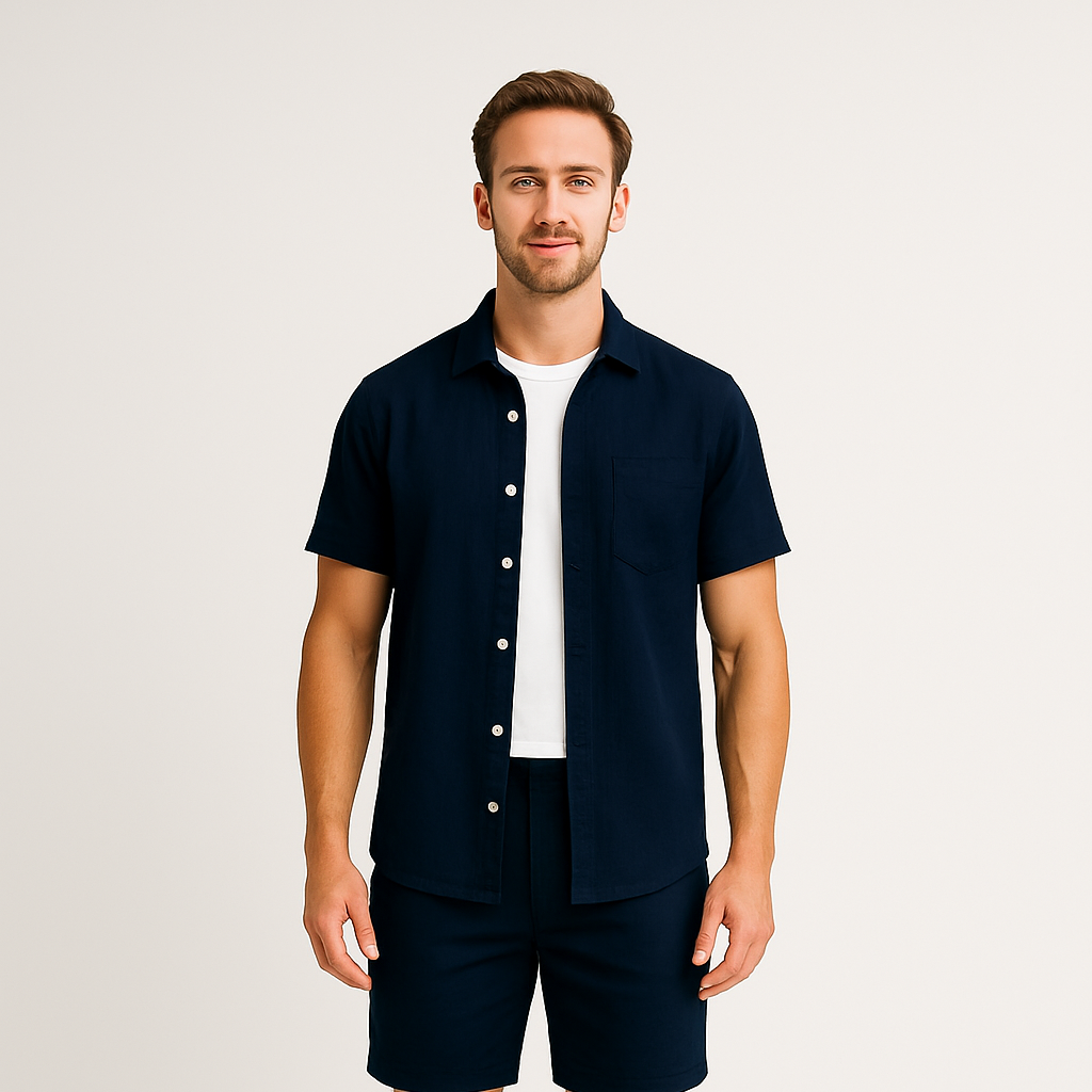 Noir | Men's Short Sleeve Linen Shirt - Summer Piqué with Button Collar