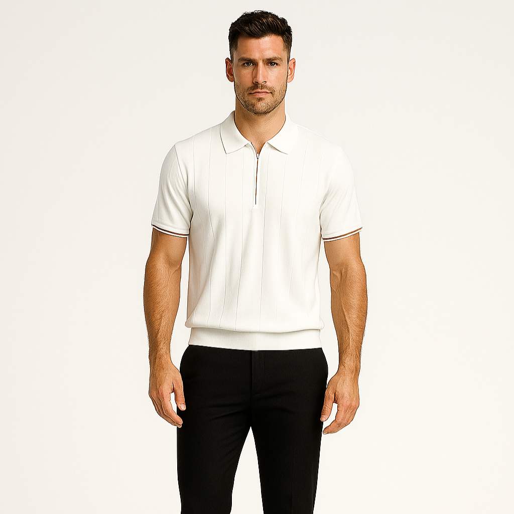 Noir | Men's Cotton Polo - Piqué T-shirt with Quarter Zip