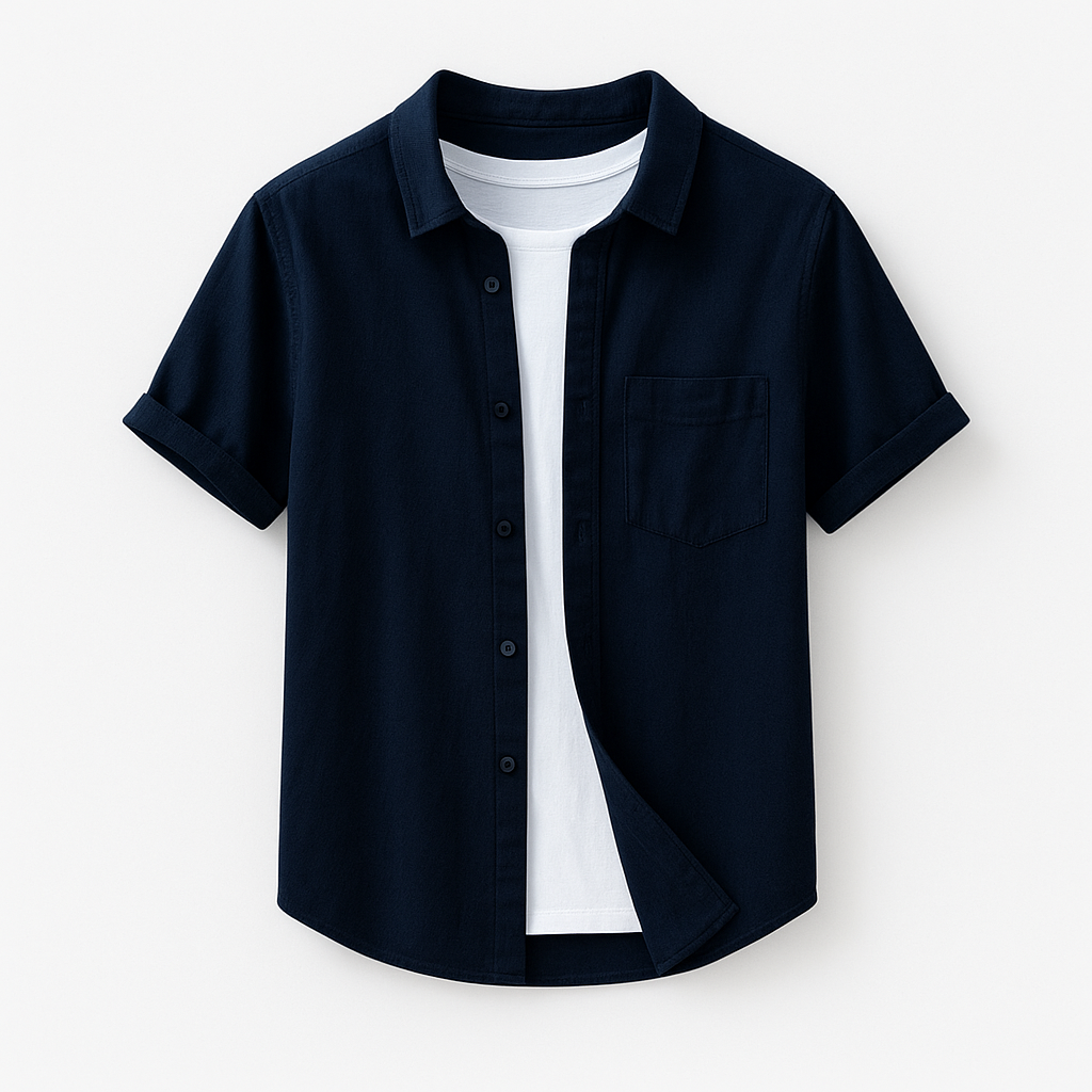 Noir | Men's Short Sleeve Linen Shirt - Summer Piqué with Button Collar