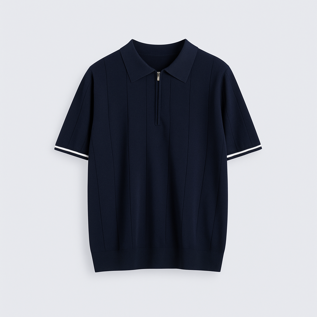 Noir | Men's Cotton Polo - Piqué T-shirt with Quarter Zip