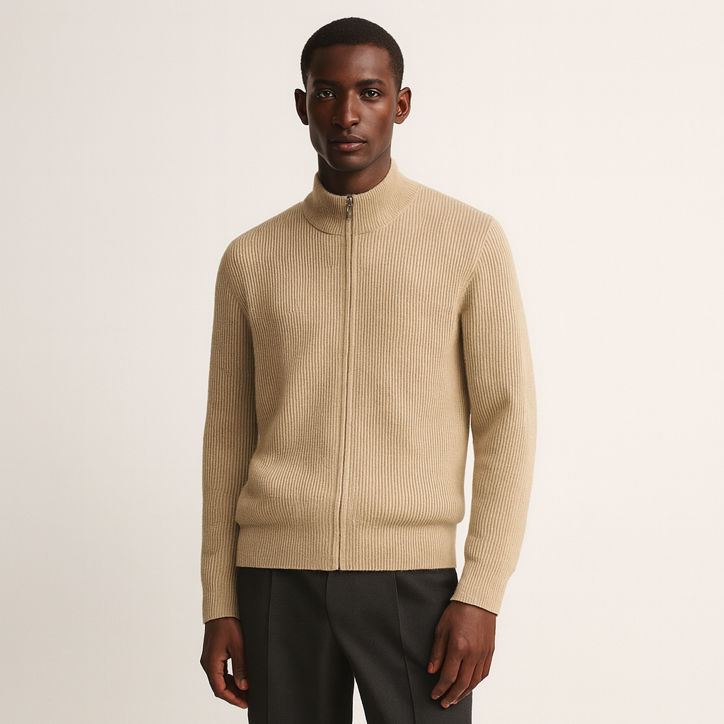 Noir | Ribbed Cashmere Zip Cardigan - Mock Jumper-Noir-Sand-XS-Noir