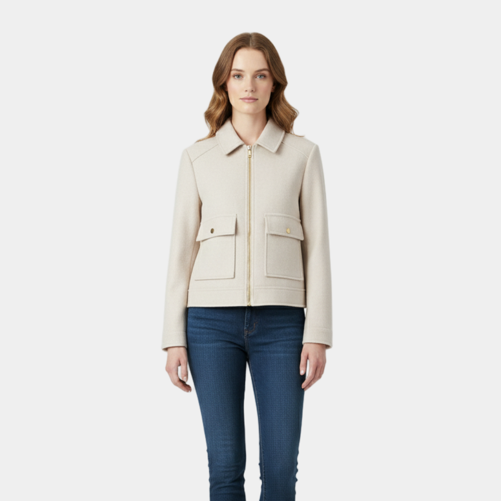Women’s Wool-Blend Short Zip-Up Jacket - Shirt Collar