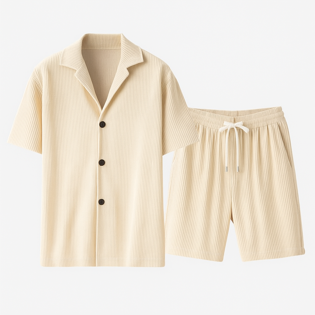 Noir | Pleated Short Sleeved T-Shirt with Men's shorts - Summer Set in Corduroy-Outfit Sets-Noir-Beige-XS-Noir