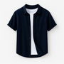 Noir | Men's Short Sleeve Linen Shirt - Summer Piqué with Button Collar-T-Shirts-Noir-Navy Blue-XS-Noir