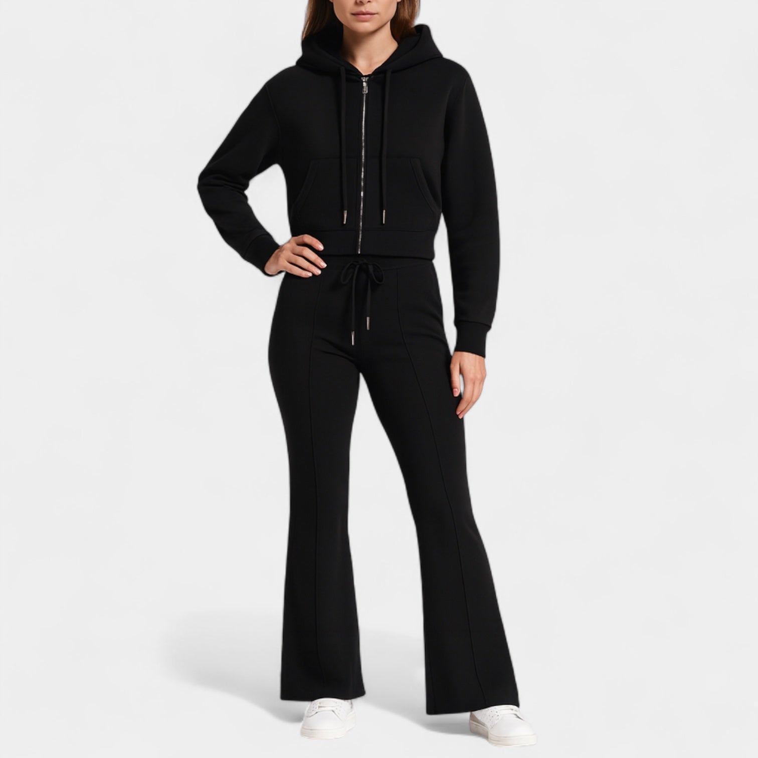 Noir | Women's Zip-Up Hoodie with Flared Joggers Set-Noir-Black-S-Noir