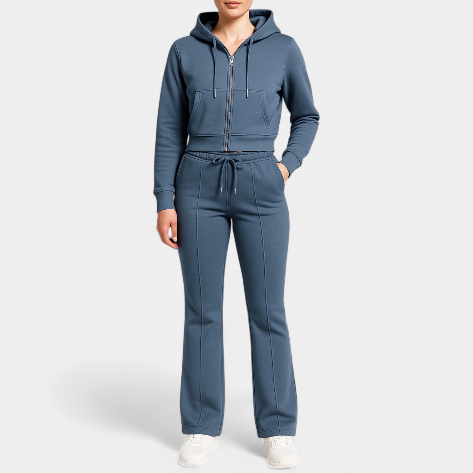Noir | Women's Zip-Up Hoodie with Flared Joggers Set-Noir-Washed Blue-S-Noir