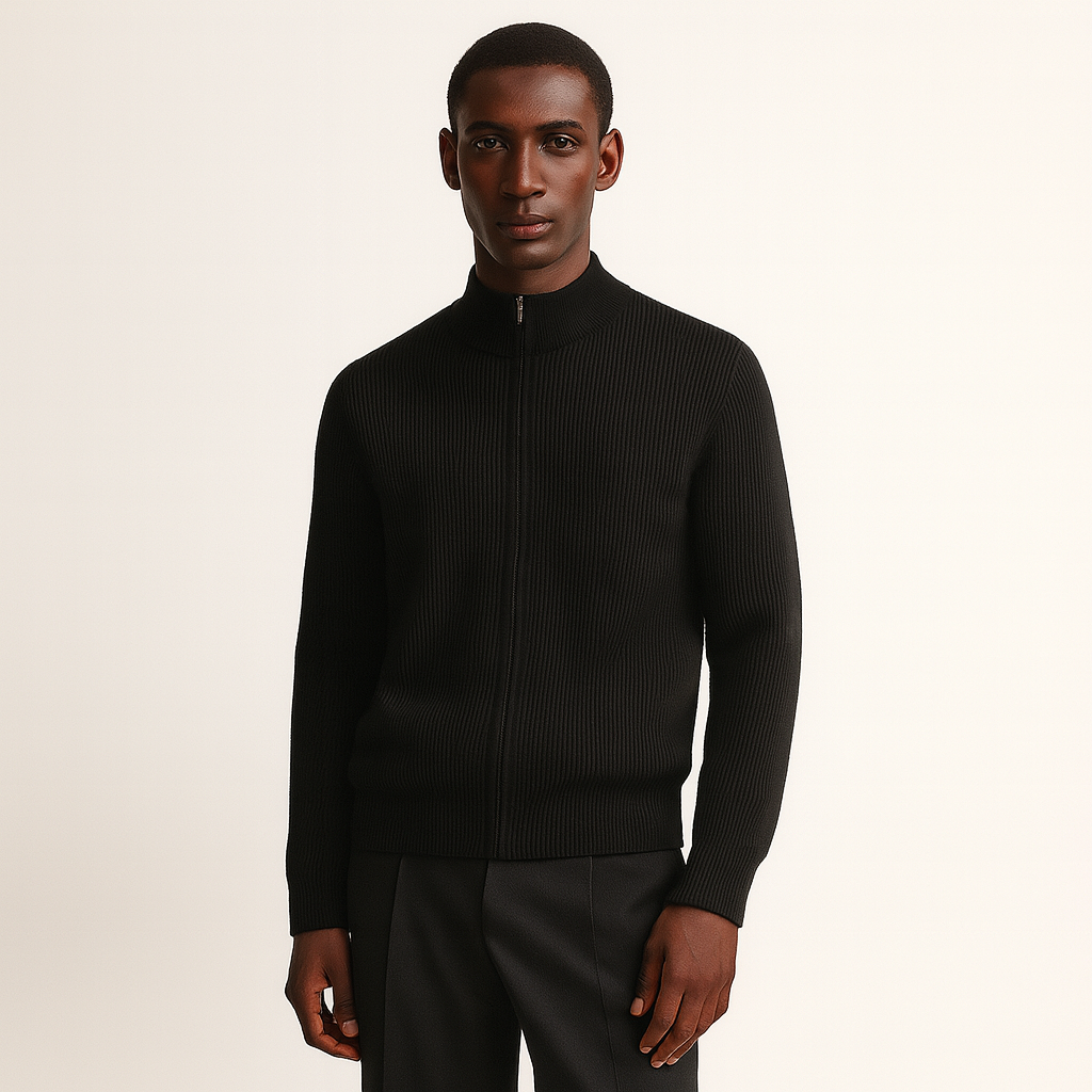 Noir | Ribbed Cashmere Zip Cardigan - Mock Jumper-Noir-Black-XS-Noir