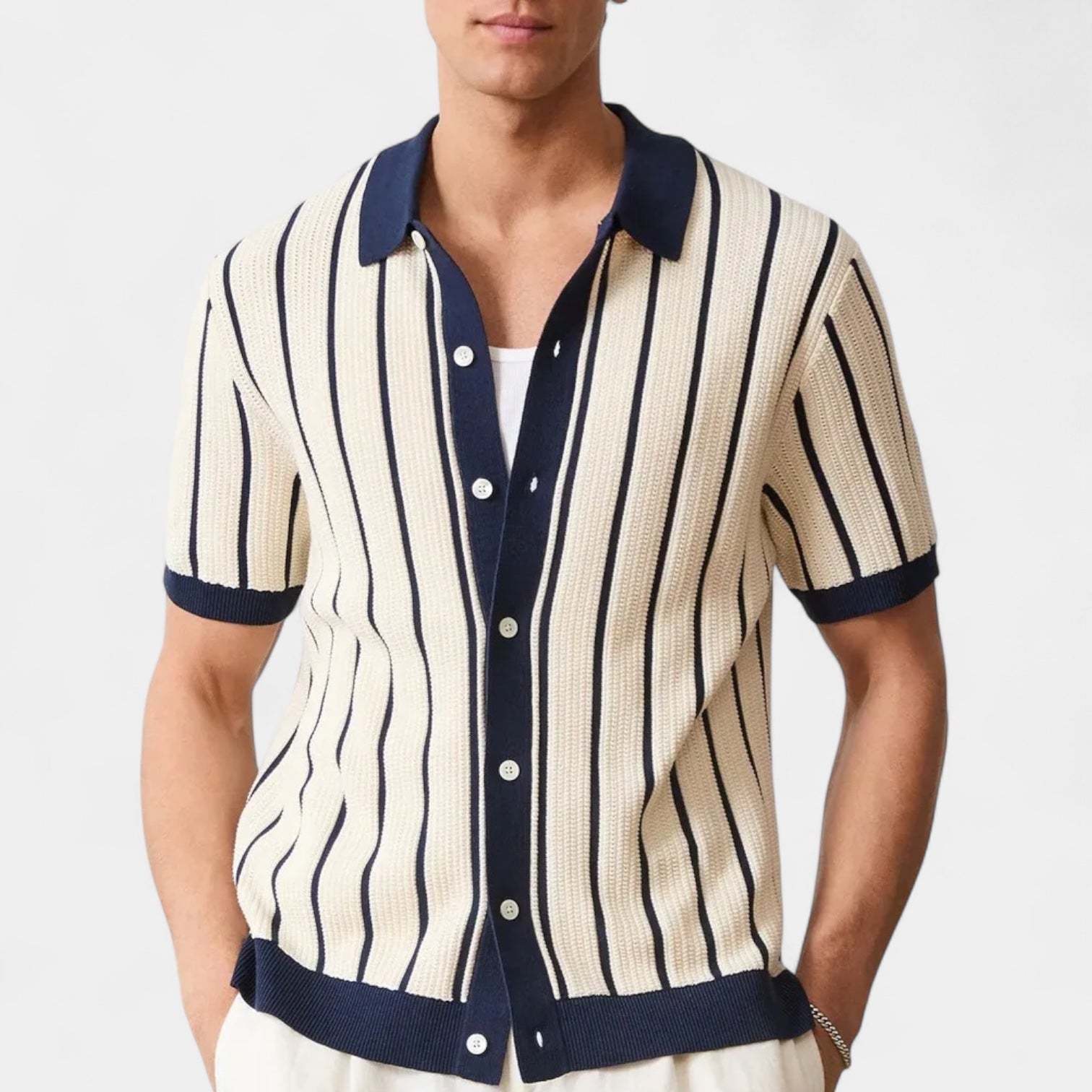 Noir | Striped Knitted Pique - Polo Shirt-Noir-Noir