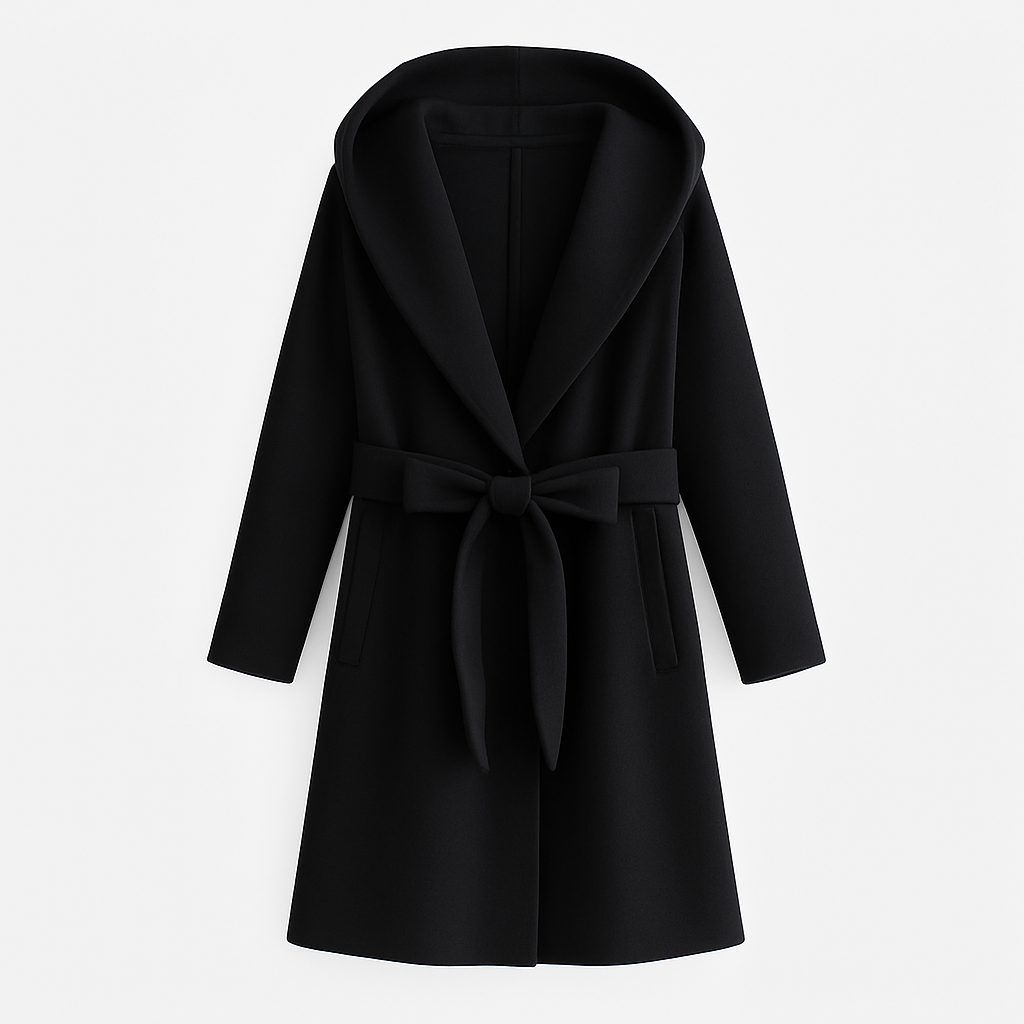 Noir | Women’s Hooded Long Coat - Belted-Jackets-Noir-Noir