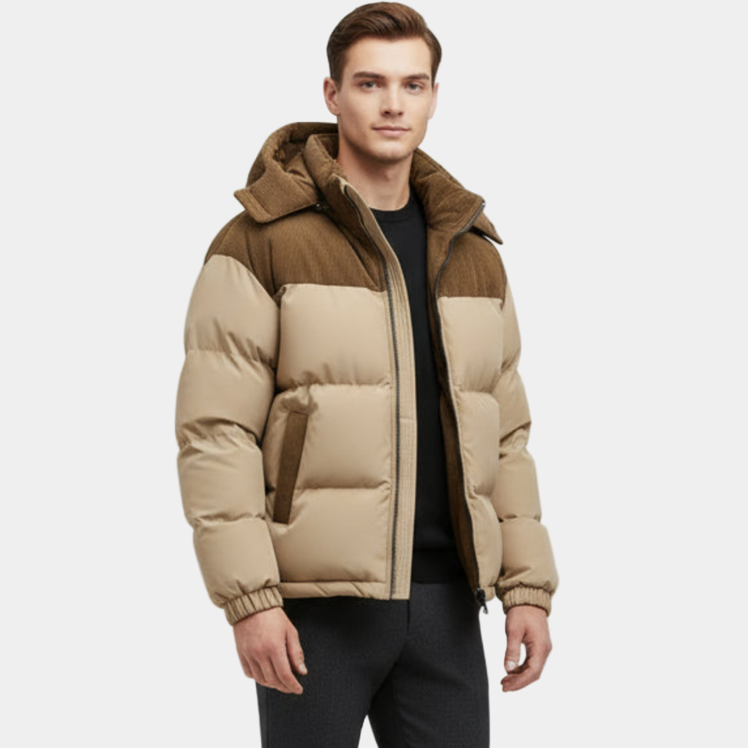 Men’s Corduroy-Trim Puffer Jacket – Detachable Hood