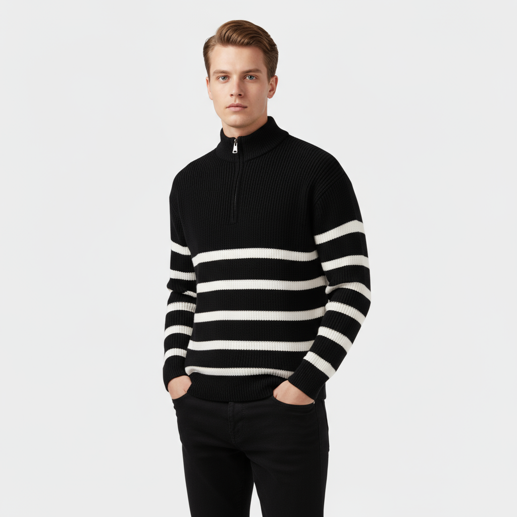 Men’s Striped Quarter Zip Sweater - Ribbed Knit Pullover