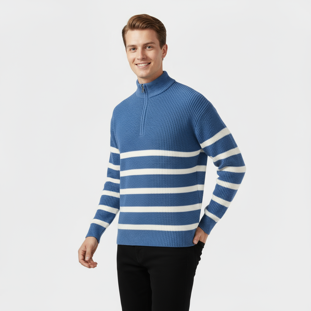 Men’s Striped Quarter Zip Sweater - Ribbed Knit Pullover
