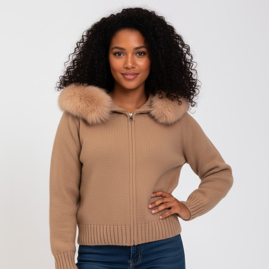 Women’s Hooded Faux-Fur Zip Cardigan – Soft Knit Jacket