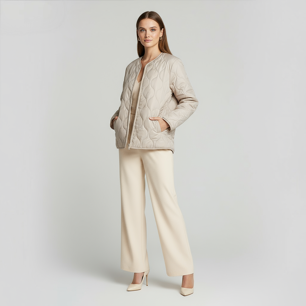 Women's Quilted Jacket with Round Neck and Patch Pockets