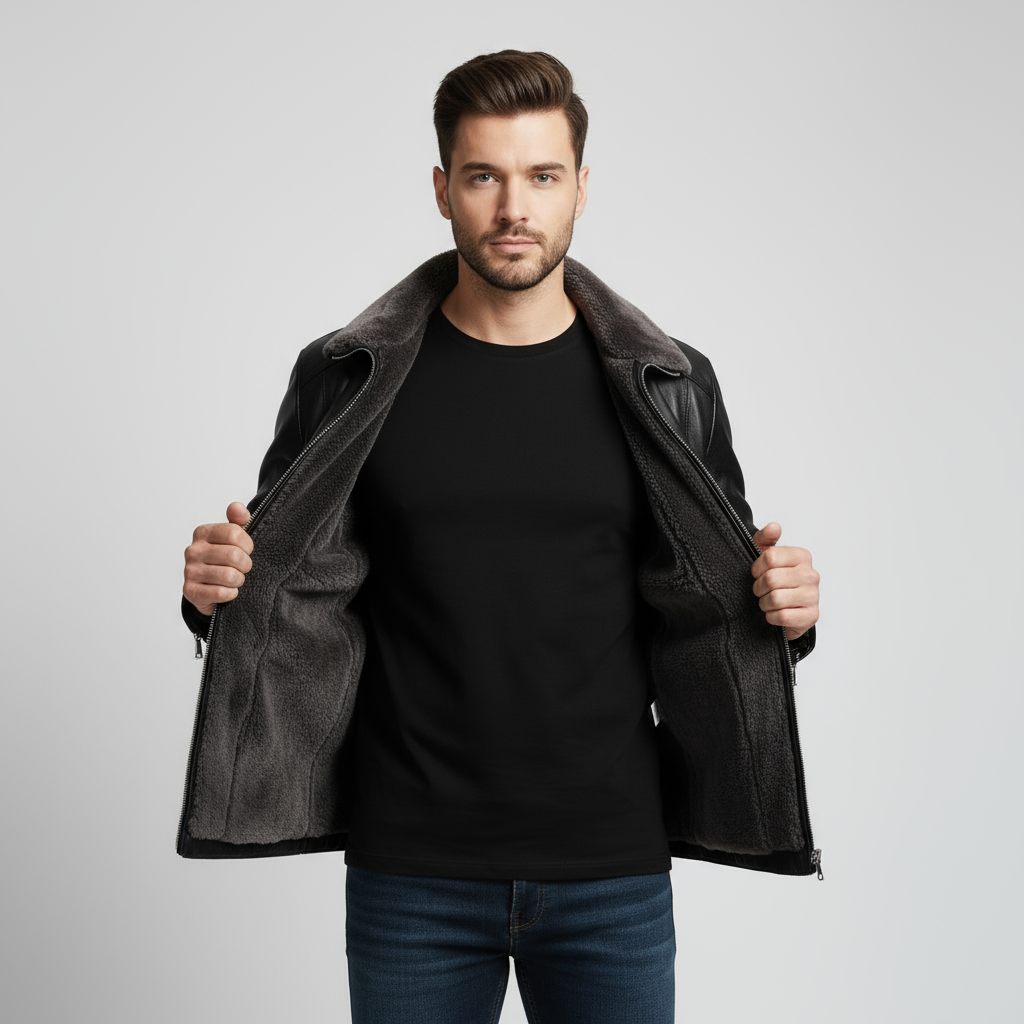 Men’s Leather Biker Jacket with Fur Collar