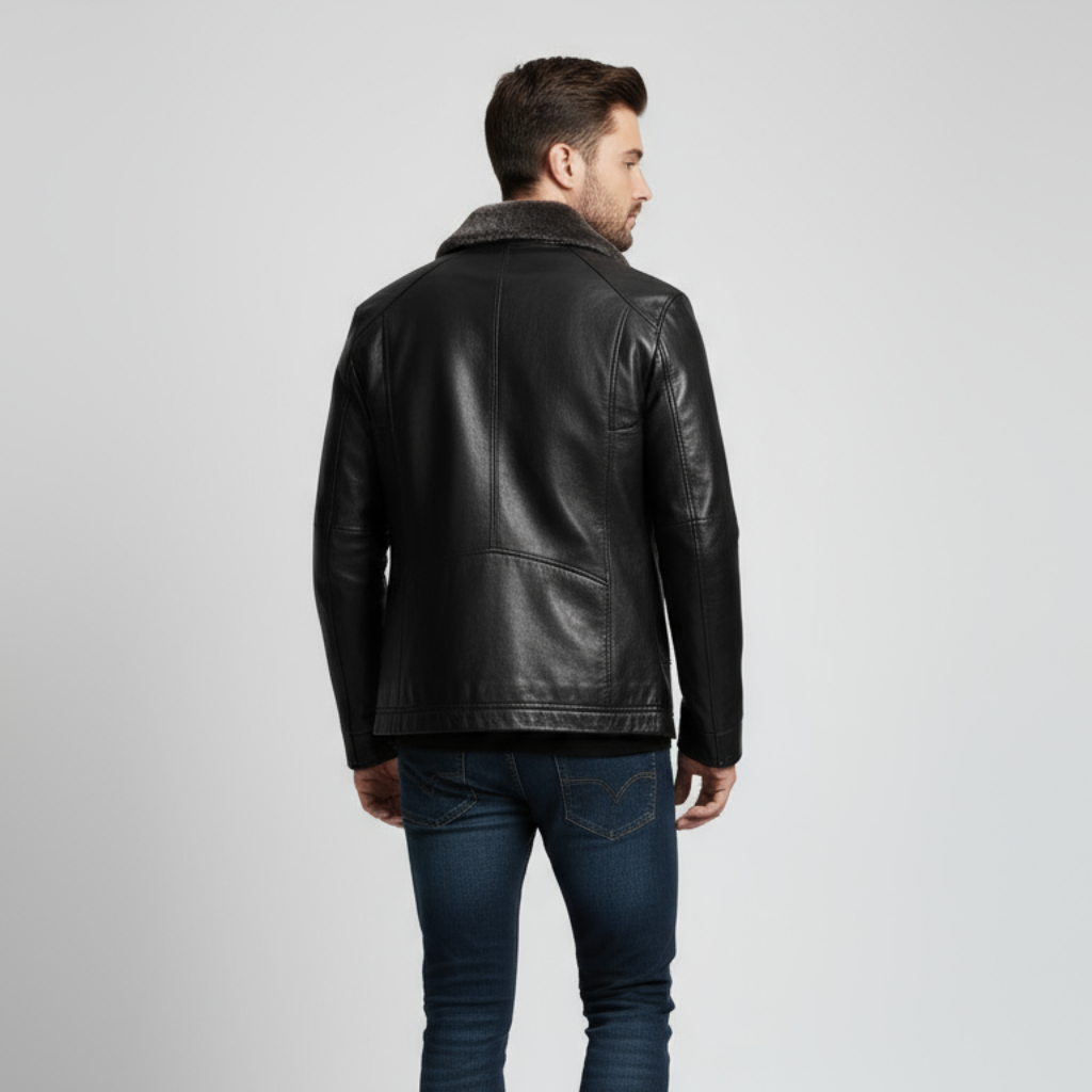 Men’s Leather Biker Jacket with Fur Collar
