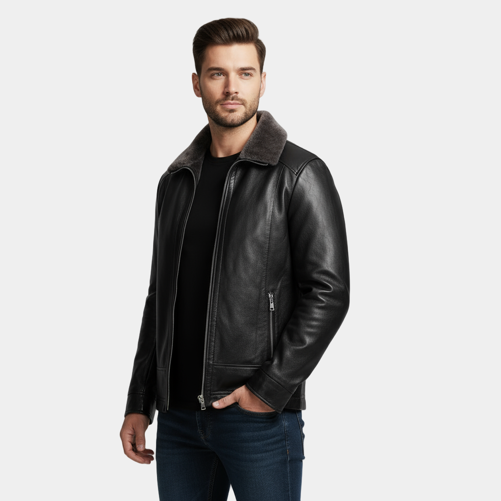 Men’s Leather Biker Jacket with Fur Collar