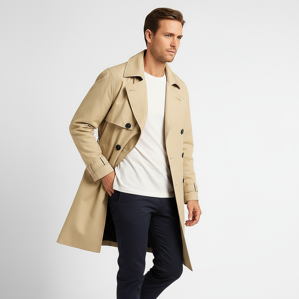 Men’s Performance Trench Coat – Double-Front Waterproof Belted Coat with Wide Lapels