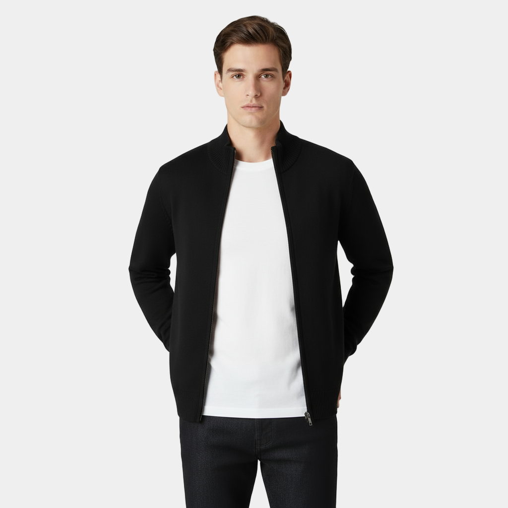 Men’s Long-Sleeve Knit Cardigan with Full-Length Zipper and Ribbed Trim