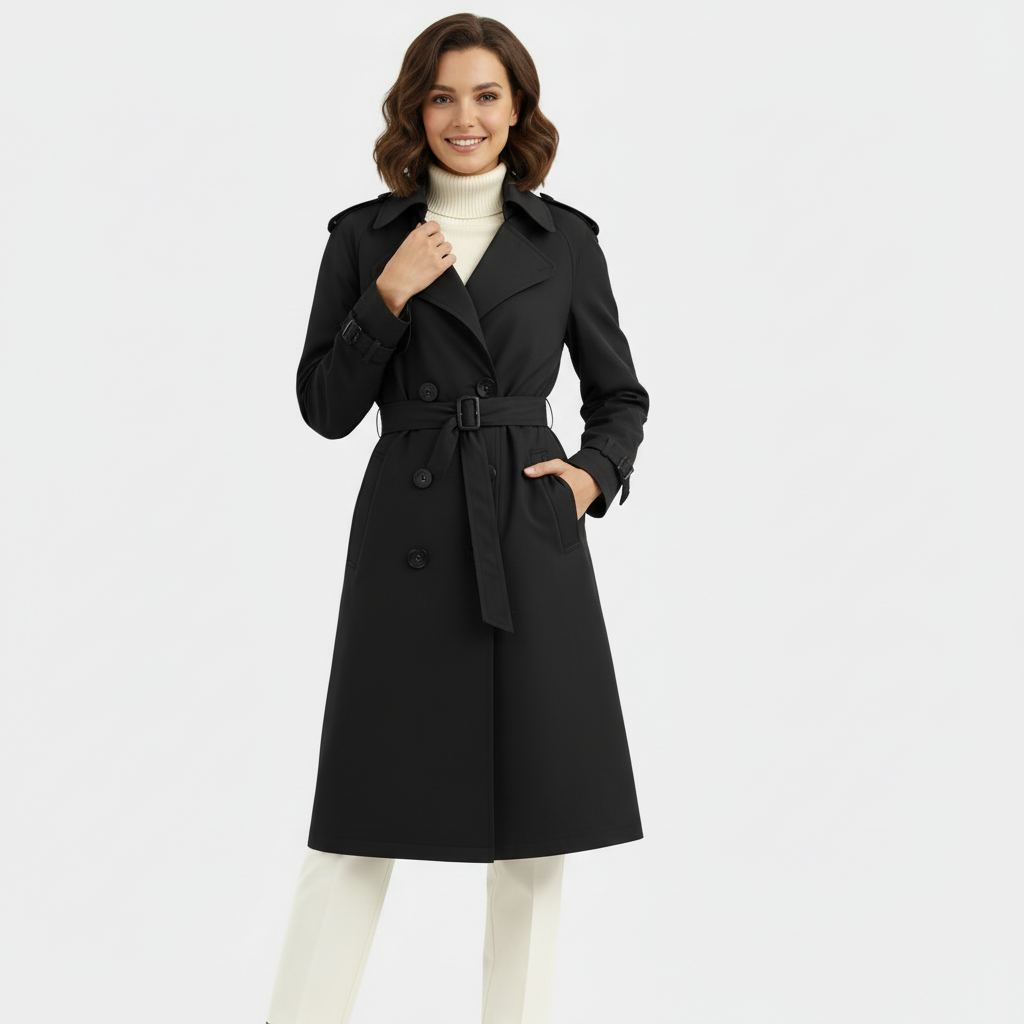 Women's Double-Breasted Trench Coat - Long Belted Overcoat