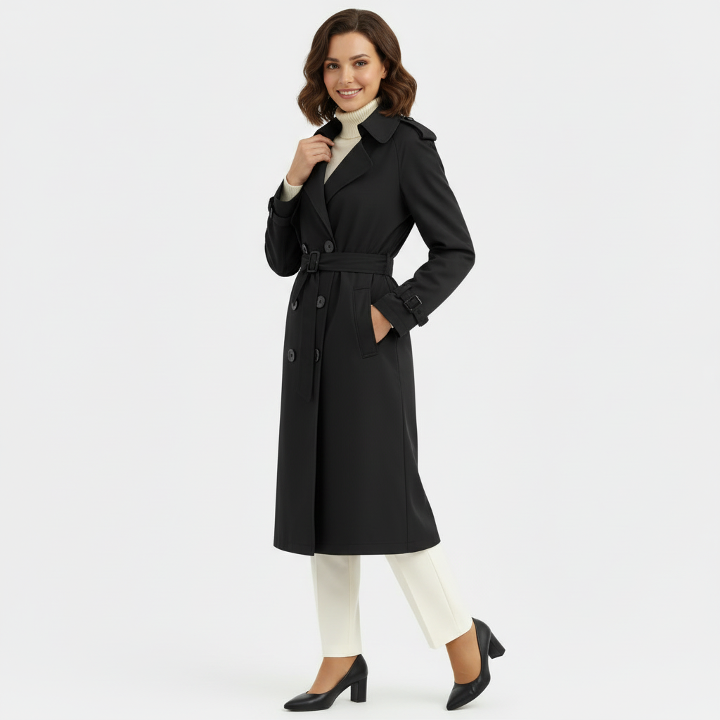Women's Double-Breasted Trench Coat - Long Belted Overcoat