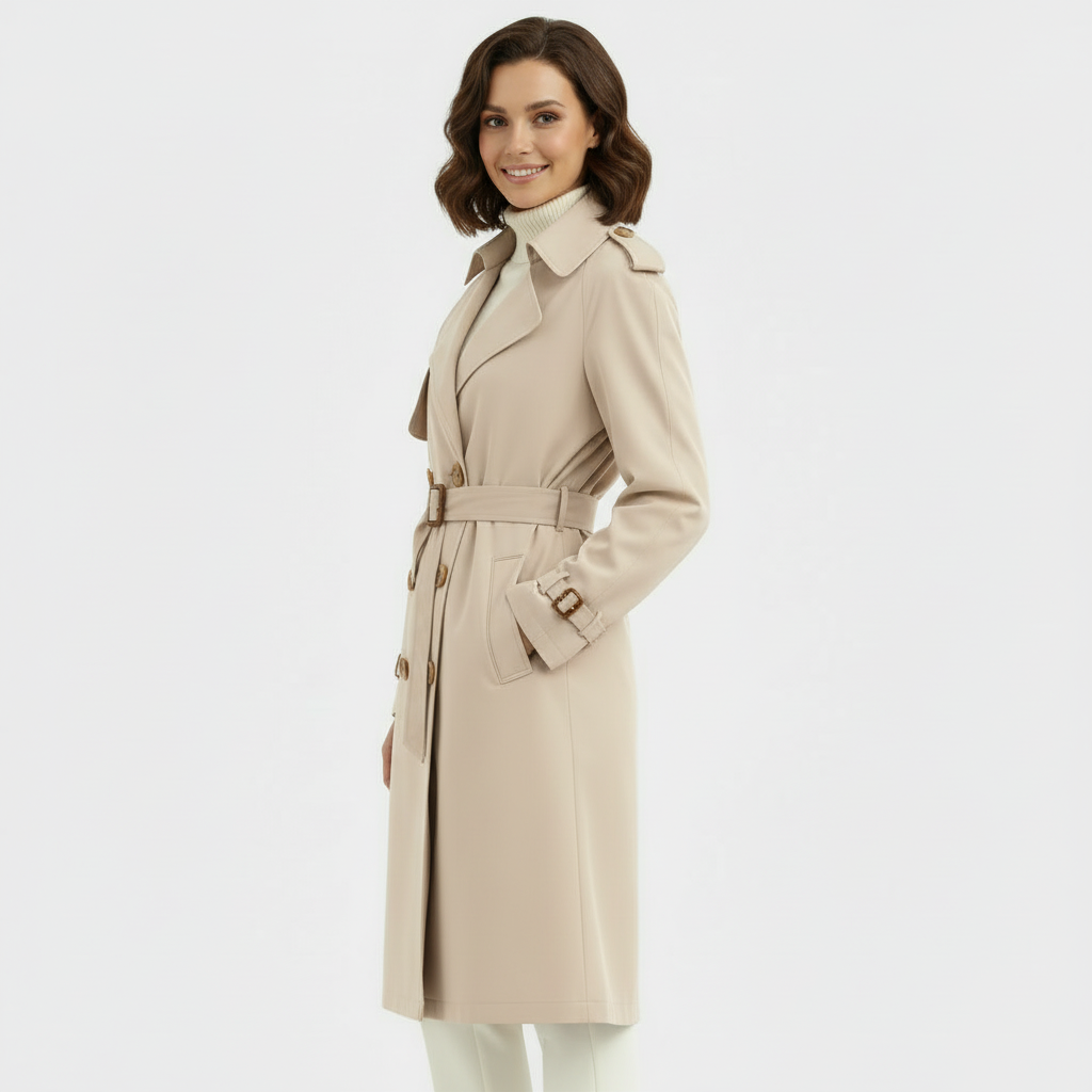Women's Double-Breasted Trench Coat - Long Belted Overcoat