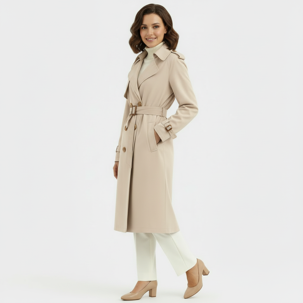 Women's Double-Breasted Trench Coat - Long Belted Overcoat