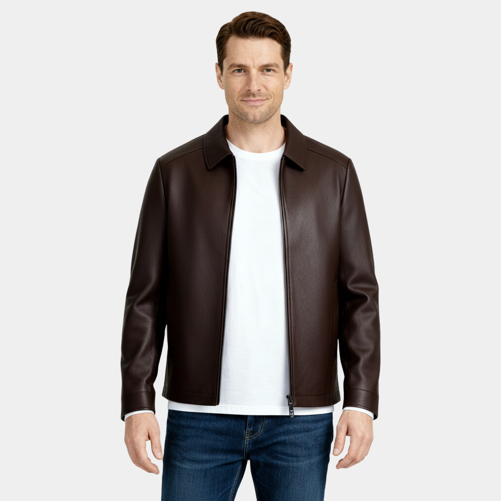 Men’s Leather Zip Harrington Jacket – Classic Collar