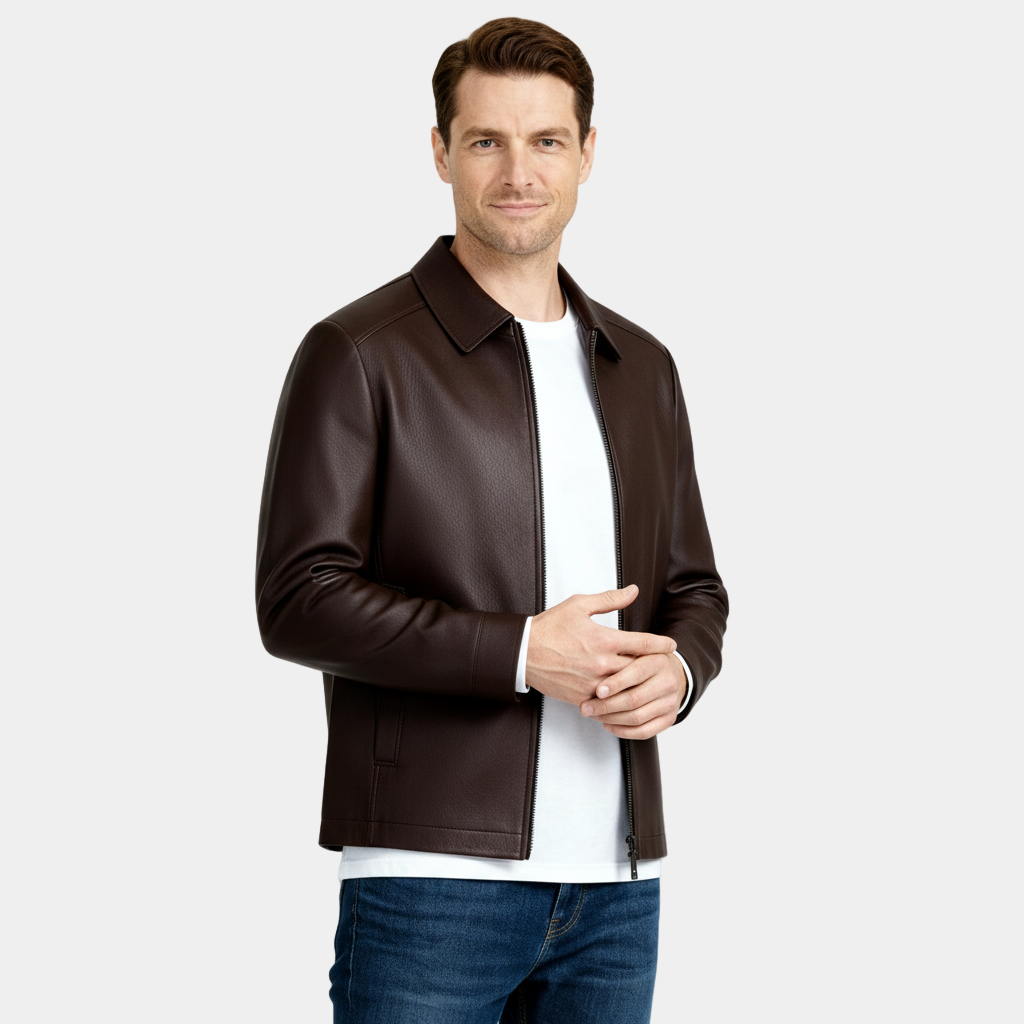 Men’s Leather Zip Harrington Jacket – Classic Collar
