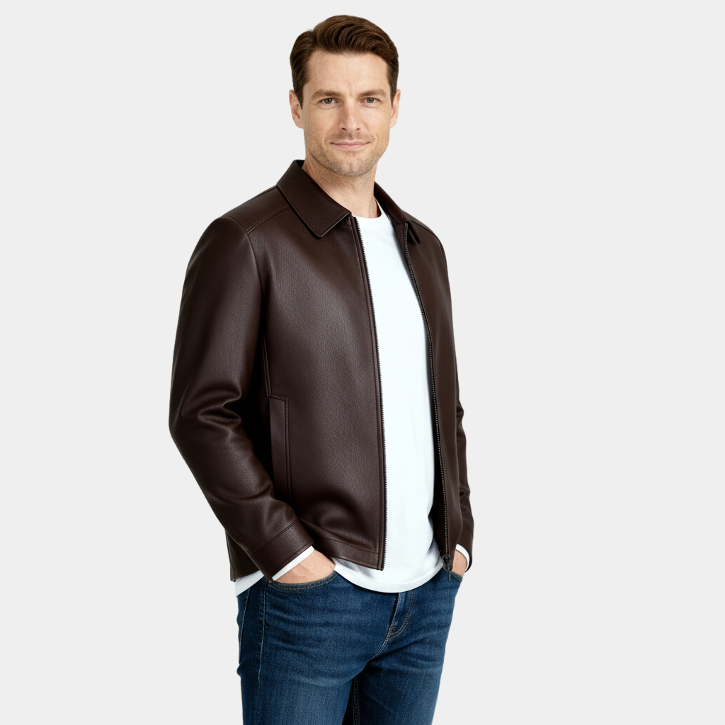 Men’s Leather Zip Harrington Jacket – Classic Collar