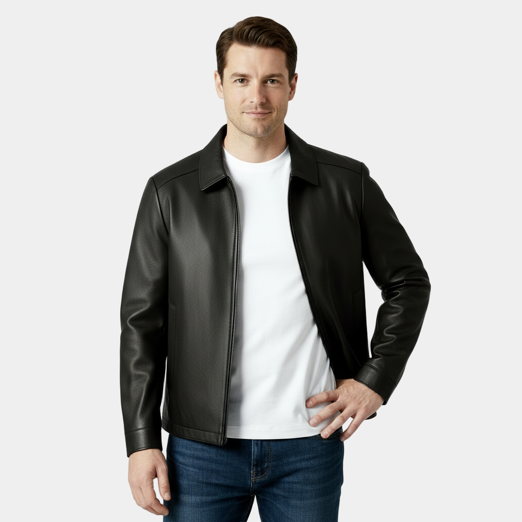 Men’s Leather Zip Harrington Jacket – Classic Collar