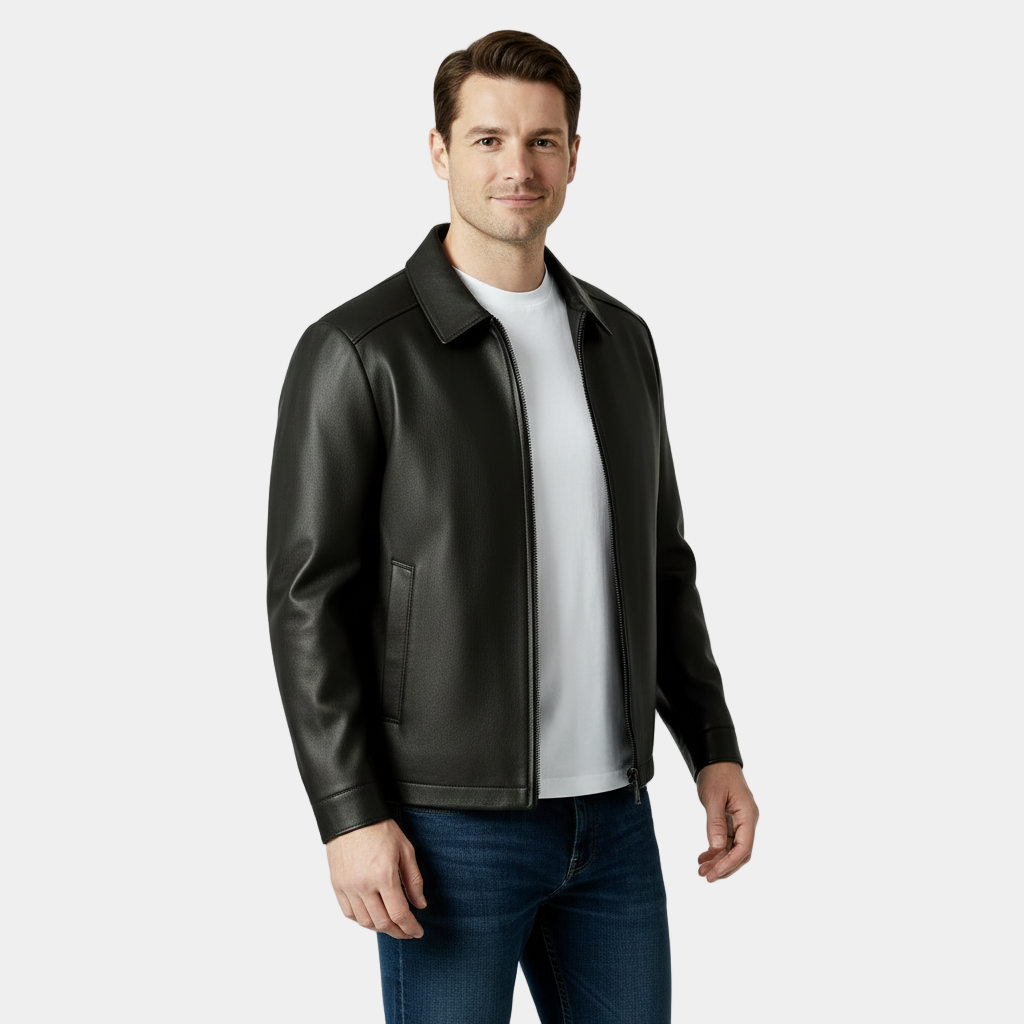 Men’s Leather Zip Harrington Jacket – Classic Collar