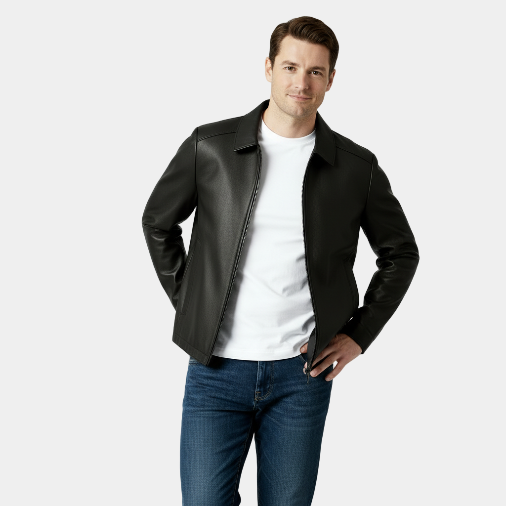 Men’s Leather Zip Harrington Jacket – Classic Collar